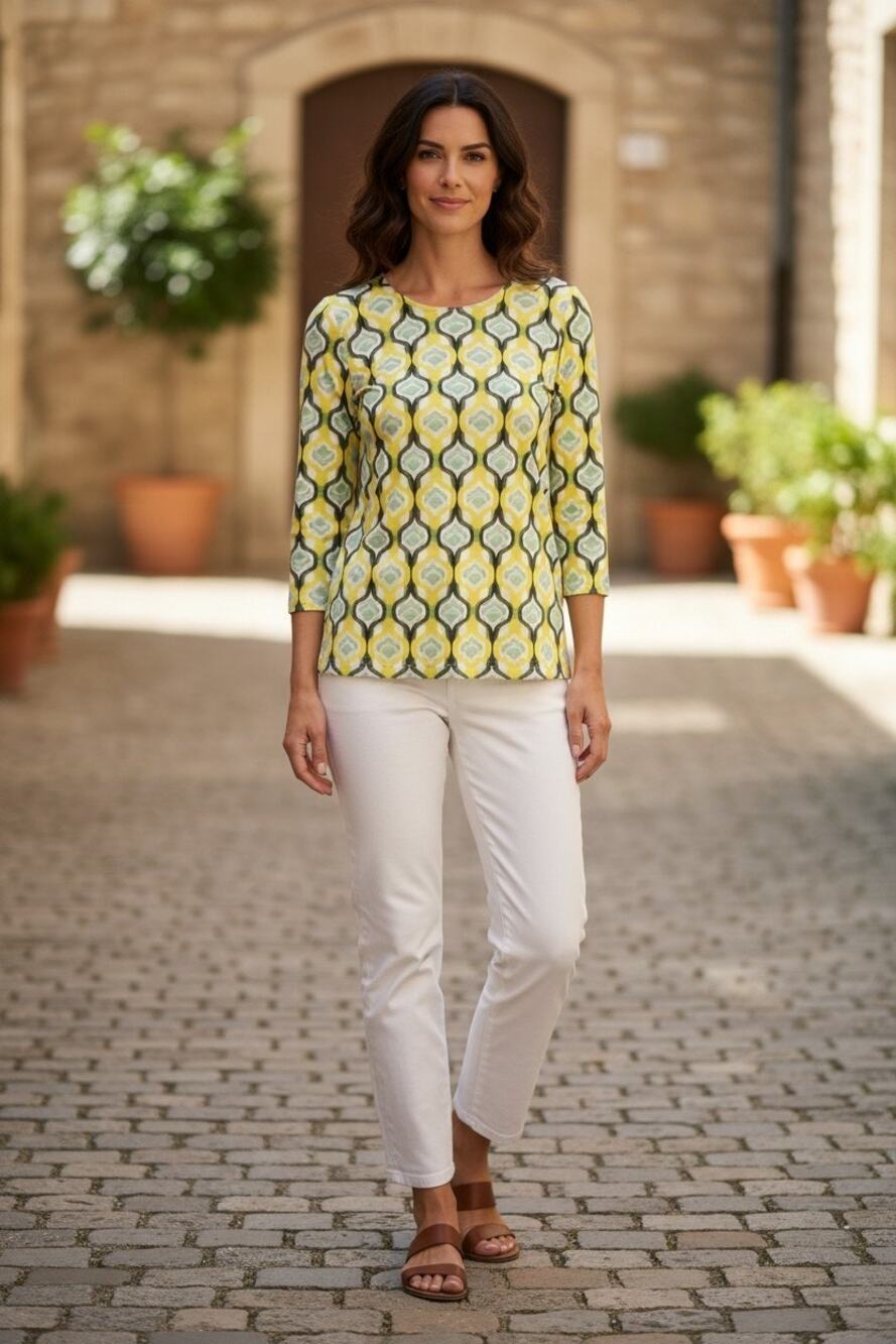 J.McLaughlin 3/4-sleeve top 1960s retro geometric Catalina Cloth sz XS WT188